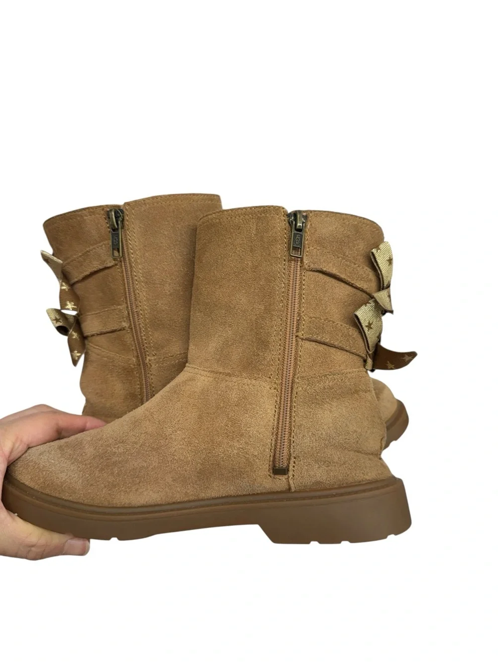 UGG Kids Tan Suede Zip-Up Ankle Boots with Star Bow Accents